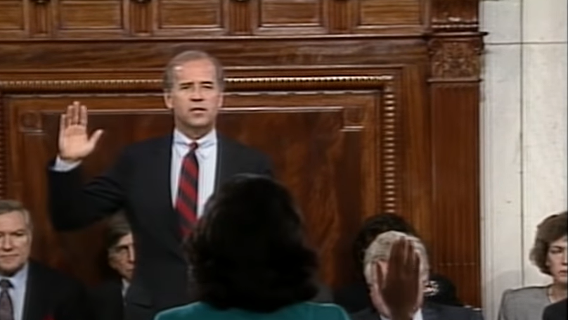 Joe Biden, as head of the Judicial Committee, swearing in Anita Hill for the Congressional hearing. (Oct.11 1991)1) 